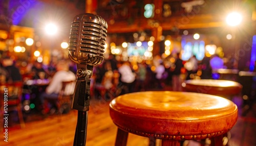 Vintage microphone in a lively bar