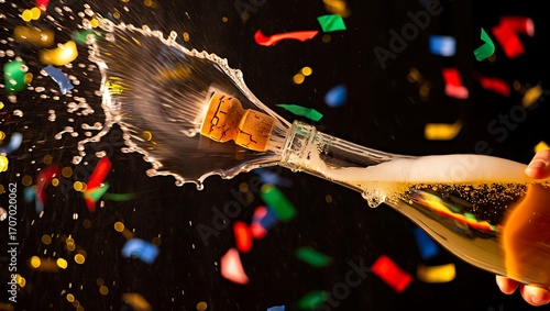 Champagne bottle explosion with confetti celebration background design
