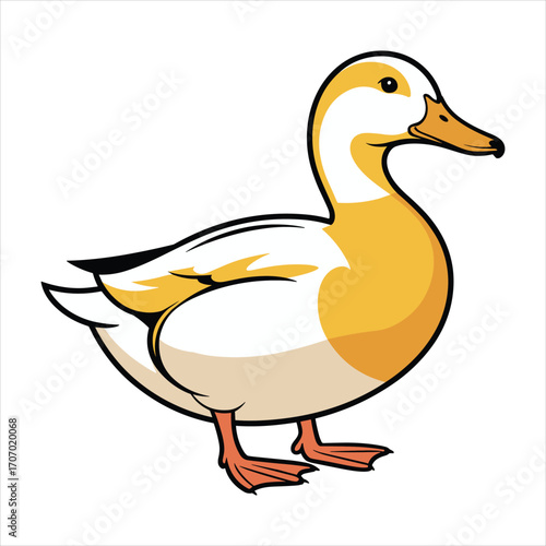 Charming cartoon illustration of a white and golden duck standing on its orange feet