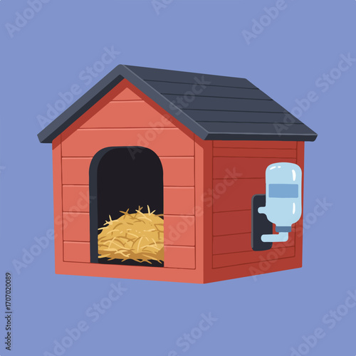 A cozy doghouse with straw inside sits against a muted blue background, featuring a side-mounted water dispenser for pet care.
