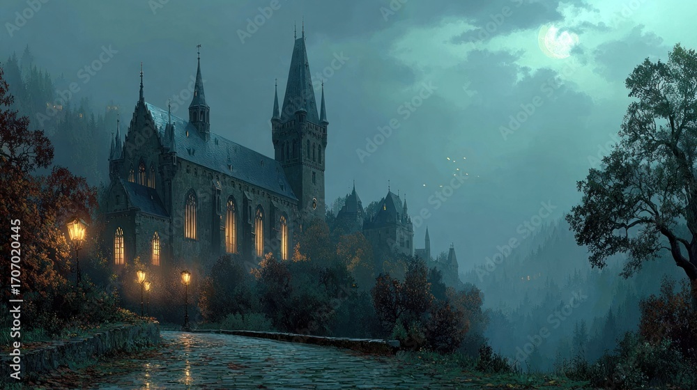 Fototapeta premium Spooky old gothic castle, foggy night, haunted mansion