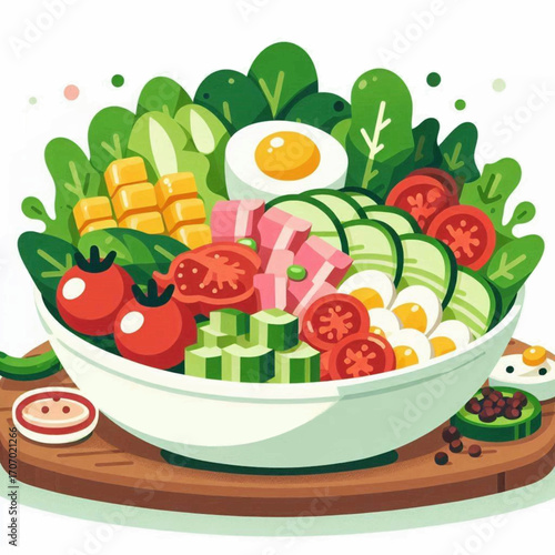 A colorful salad bowl with lettuce tomatoes cucumbers egg bacon and corn on a wooden plate