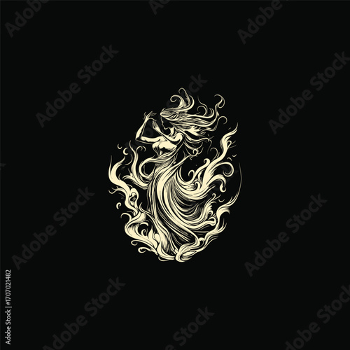 illustration of a dancing goddess or mythical woman with long, flowing hair and swirling fabric or energy. Hand-drawn engraving style, perfect for fantasy, spiritual, beauty, tattoo, or apparel design