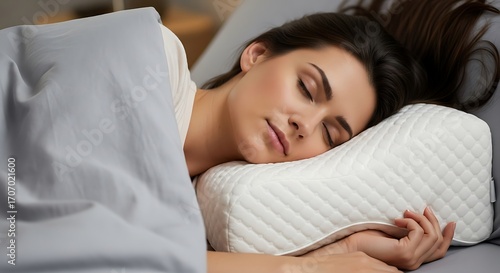 A woman rests peacefully in a comfortable slumber, her head supported by a supportive, patterned memory foam pillow.