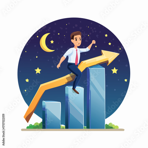 Successful businessman rides growing financial arrow towards success under a starry night sky