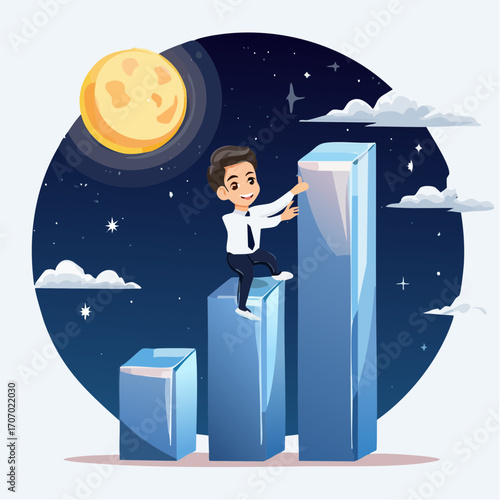 Ambitious businessman climbing a chart, reaching for success under the starry night sky
