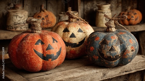 Three Halloween Jack O' Lantern pumpkins