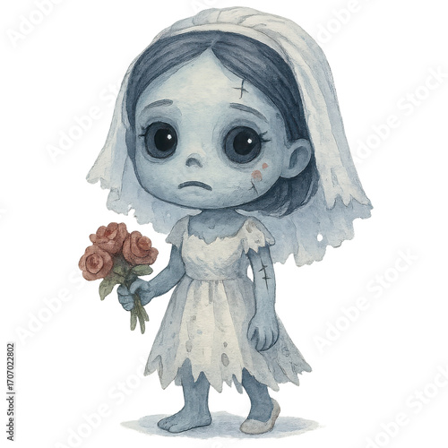 Sad zombie bride holding wilted roses illustration
