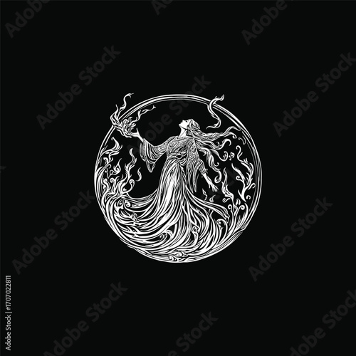 illustration of a dancing goddess or mythical woman with long, flowing hair and swirling fabric or energy. Hand-drawn engraving style, perfect for fantasy, spiritual, beauty, tattoo, or apparel design