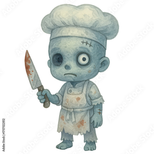 Cute zombie chef holding bloody knife illustration
