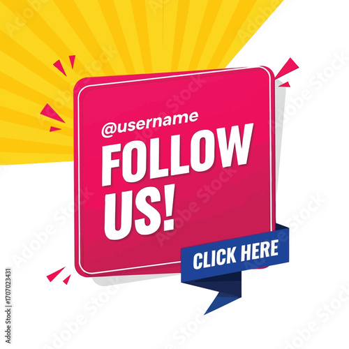 Illustration of follow us social media call to action button with username and click here