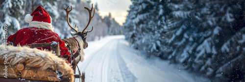 Santa Claus with reindeer sleigh on the road in winter forest