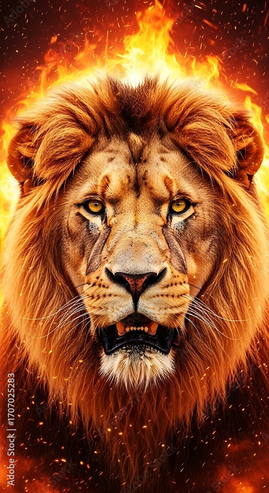 Fototapeta premium A powerful lion, its mane aflame with fiery orange, displays intense focus and raw strength.