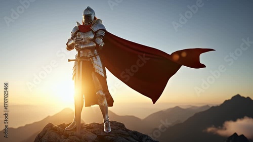 A victorious knight in shining armor with a red cape standing on a mountain peak at sunrise.