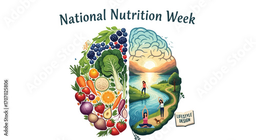 Illustration of national nutrition week concept with healthy food and lifestyle