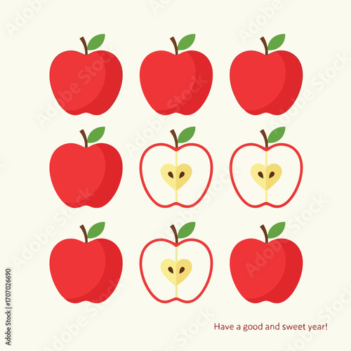 Illustration of red apples, whole and halved