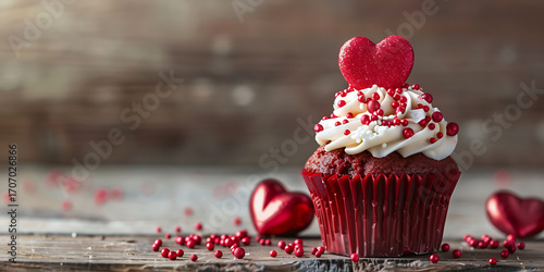 Decadent red velvet cupcake adorned with creamy frosting and heart topper, perfect for celebrating love.