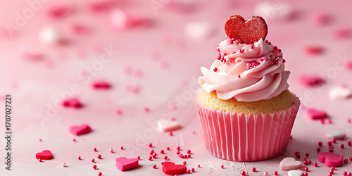 Sweet pink cupcake topped with heart sprinkles and frosting, perfect for celebrations