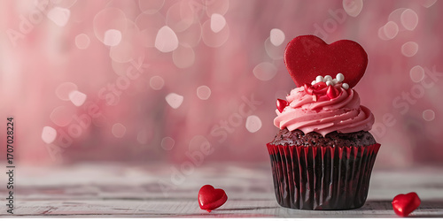 Delicious chocolate cupcake with pink frosting and heart decoration, perfect for Valentine's Day celebration.
