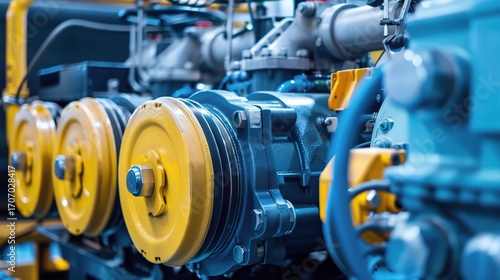 Compressor with a sturdy metallic gray body and a cylindrical air tank, placed in an industrial workshop, garage, or factory to generate and store compressed air, connected to hoses and equipped with 