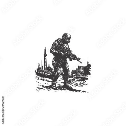 illustration of a soldier or post-apocalyptic survivor wearing a gas mask and tactical gear, holding a rifle and standing in a ruined, desolate environment. Concept for military, war, and survival