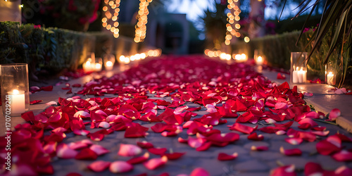 Romantic pathway lined with red rose petals and glowing candles at dusk