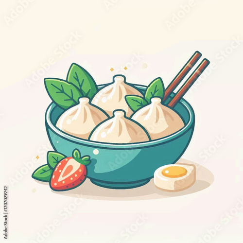 A teal bowl holds four dumplings adorned with green leaves Chopsticks rest atop with a strawberry and egg slice beside it