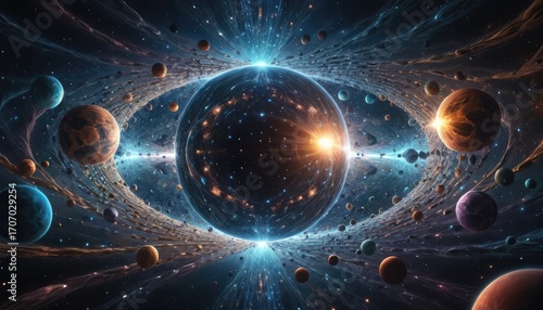 A stunning artistic visualization of the multiverse, infinite glowing realities overlapping