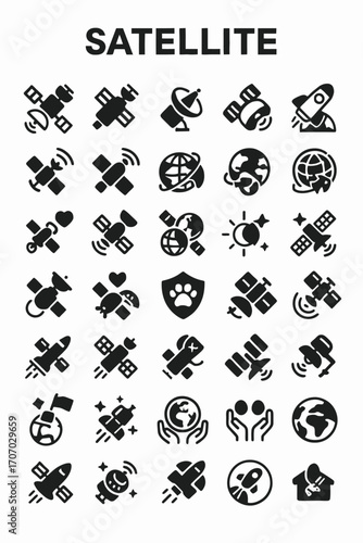 Comprehensive set of satellite glyph icons depicting space technology, global communication, orbital navigation, and exploration