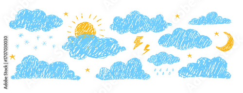 Cloud pastel pencil. Weather forecasts elements drawn by colored crayon. Childish texture. Hand drawn vector illustration.