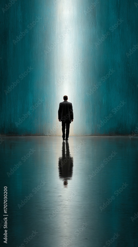 Fototapeta premium Illuminated solitude, a journey through dark room with single light source person.