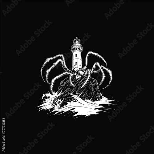 vector illustration of a creepy, monstrous lighthouse combined with a giant spider, emerging from the rough sea waves. Perfect for horror, fantasy, metal music, apparel, or vintage t-shirt design