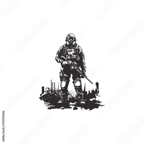 illustration of a soldier or post-apocalyptic survivor wearing a gas mask and tactical gear, holding a rifle and standing in a ruined, desolate environment. Concept for military, war, and survival