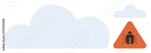 Bug icon inside orange warning triangle beside two clouds symbolizing cloud security hazards, data protection risks, and system vulnerability. Ideal for cybersecurity, threat detection, cloud