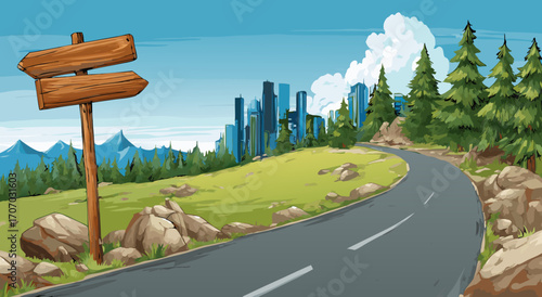 Winding Forest Road with Wooden Signpost and Distant City Skyline Illustration