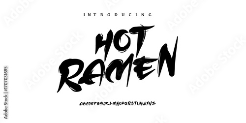Font HotRamen. This font and typeface japanese asian traditional brush. Only Uppercase and can editable the colors. Convertable for Tittle, cover, design, book, film, video text. Bold highlight.