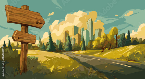 Cartoon Illustration of a Sunny Roadside Scene with a Wooden Signpost Rolling Fields and a Distant City Skyline