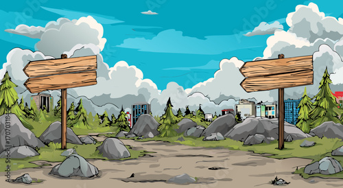 Cartoon Illustration of a Wide Dirt Road Flanked by Two Wooden Signposts in a Rocky Outdoor Landscape with Distant City Buildings
