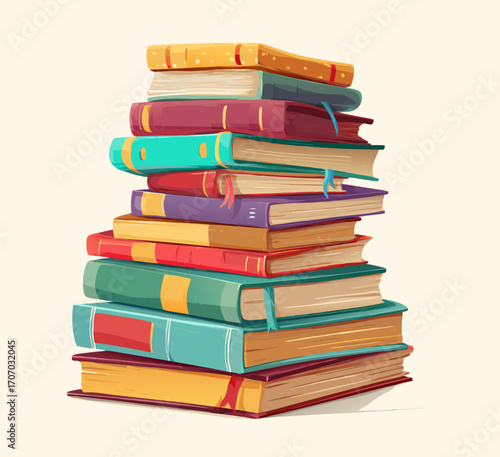 Colorful Stacked Books Illustration with Ribbon Bookmarks on a Light Background
