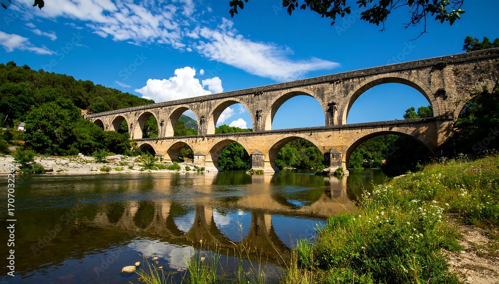 Fototapeta premium Stone bridge over a river, vibrant sky, leafy hills