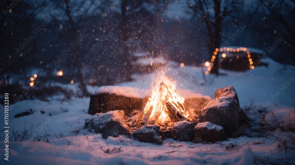 Naklejka premium Warm bonfire with flames and coals in snowy landscape at night