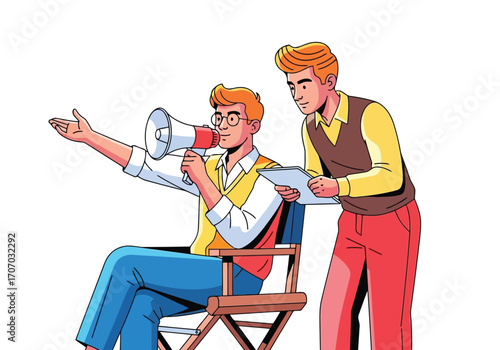 Illustration of film director giving instructions with a megaphone