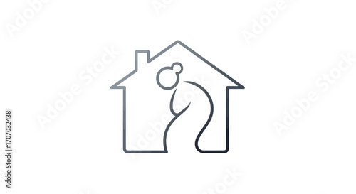 A minimalist line drawing of an elderly person hugging a house on a clean white background, symbolizing care and support for seniors on International Day of Older Persons.