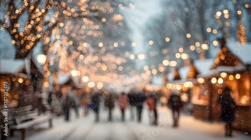 Winter market scene with people walking among Christmas lights  