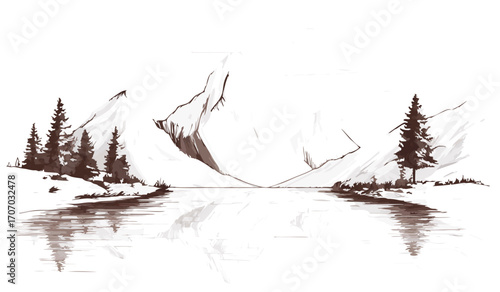 Monochrome Hand Drawn Mountain Lake Landscape with Pine Forests and Reflective Water