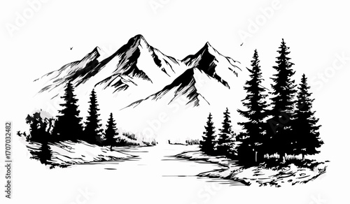 Monochrome Hand Drawn Mountain Landscape with Pine Forest and Quiet Lake Captured in Bold Line Art Style