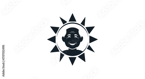 A smiling senior adult face in a sun logo on a white background, celebrating International Day of Older Persons with a warm and friendly mood.