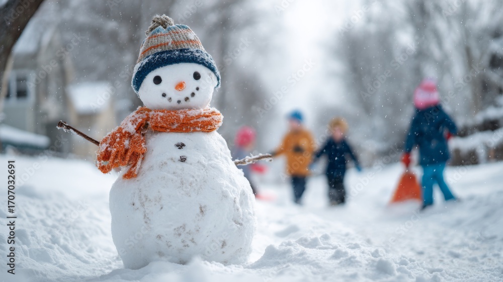 Obraz premium Snowman wearing hat and scarf in winter with children playing nearby 