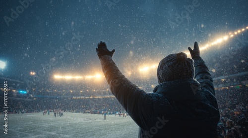 Person cheering in winter football stadium with crowd 