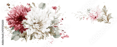 Pastel Pink Floral Illustration Set Featuring a Large Centerpiece Bouquet and Delicate Trails